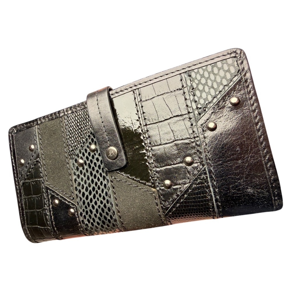 Fossil‎ Patchwork Studded Leather Wallet Clutch Black Snap Closure Zip Pocket
